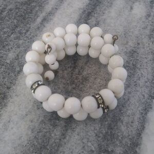 Vintage Beaded Memory Wire Bracelet, White and Rhinestone Beads, Stretch, Estate